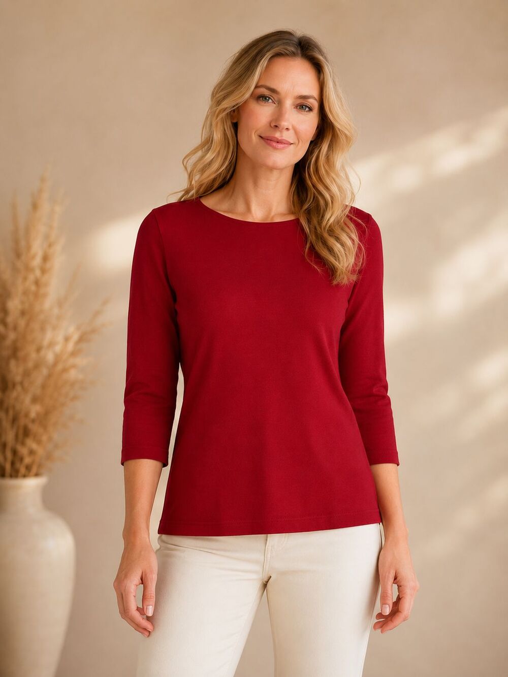 Talbots Women's Medium Cranberry Red Knit Top 3/4 Sleeve Stretch Cotton Shirt M